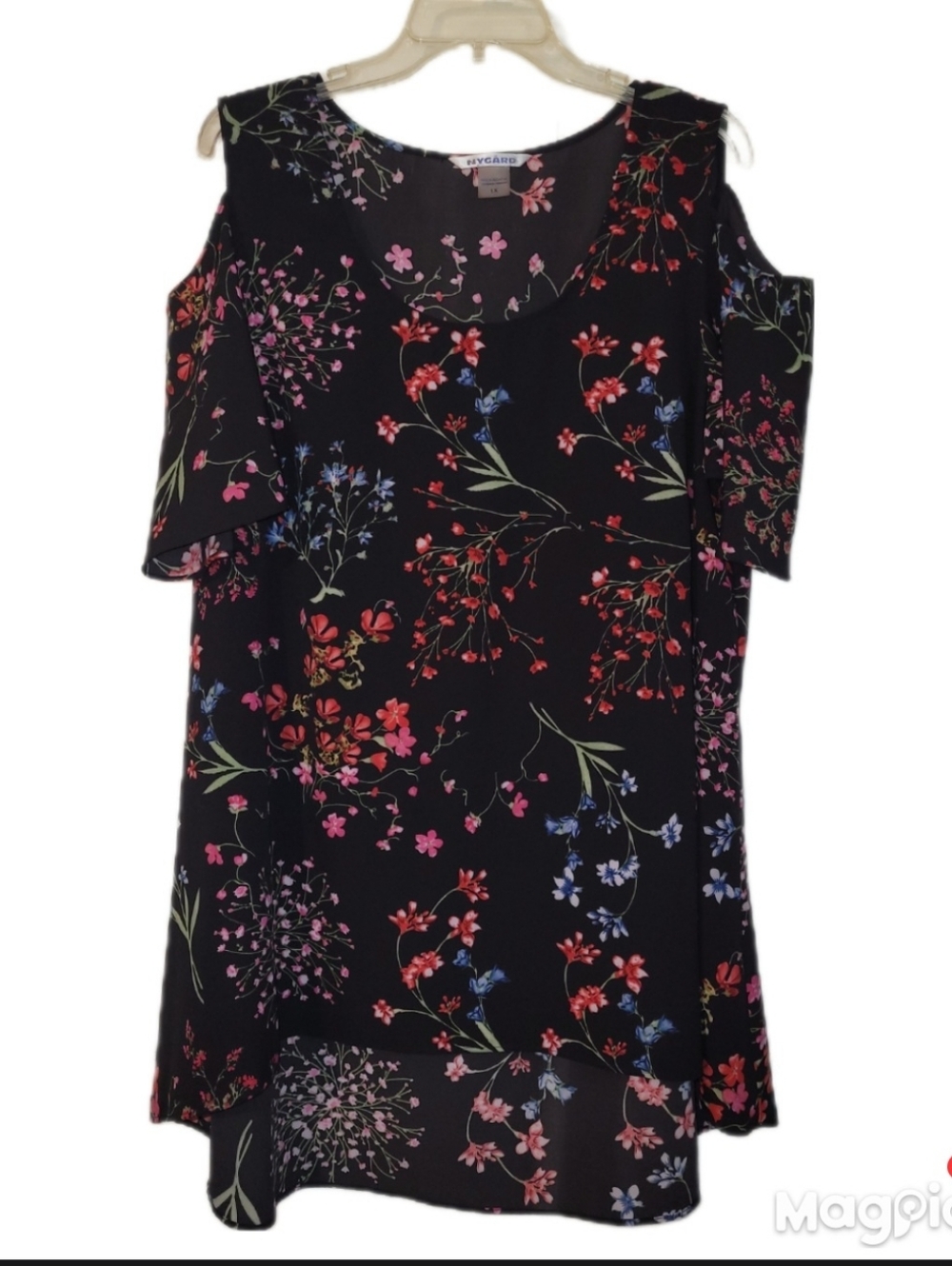 Nygard Black Cold Shoulder Blouse Colorful Floral Design Size 1X  Tunic Blouse